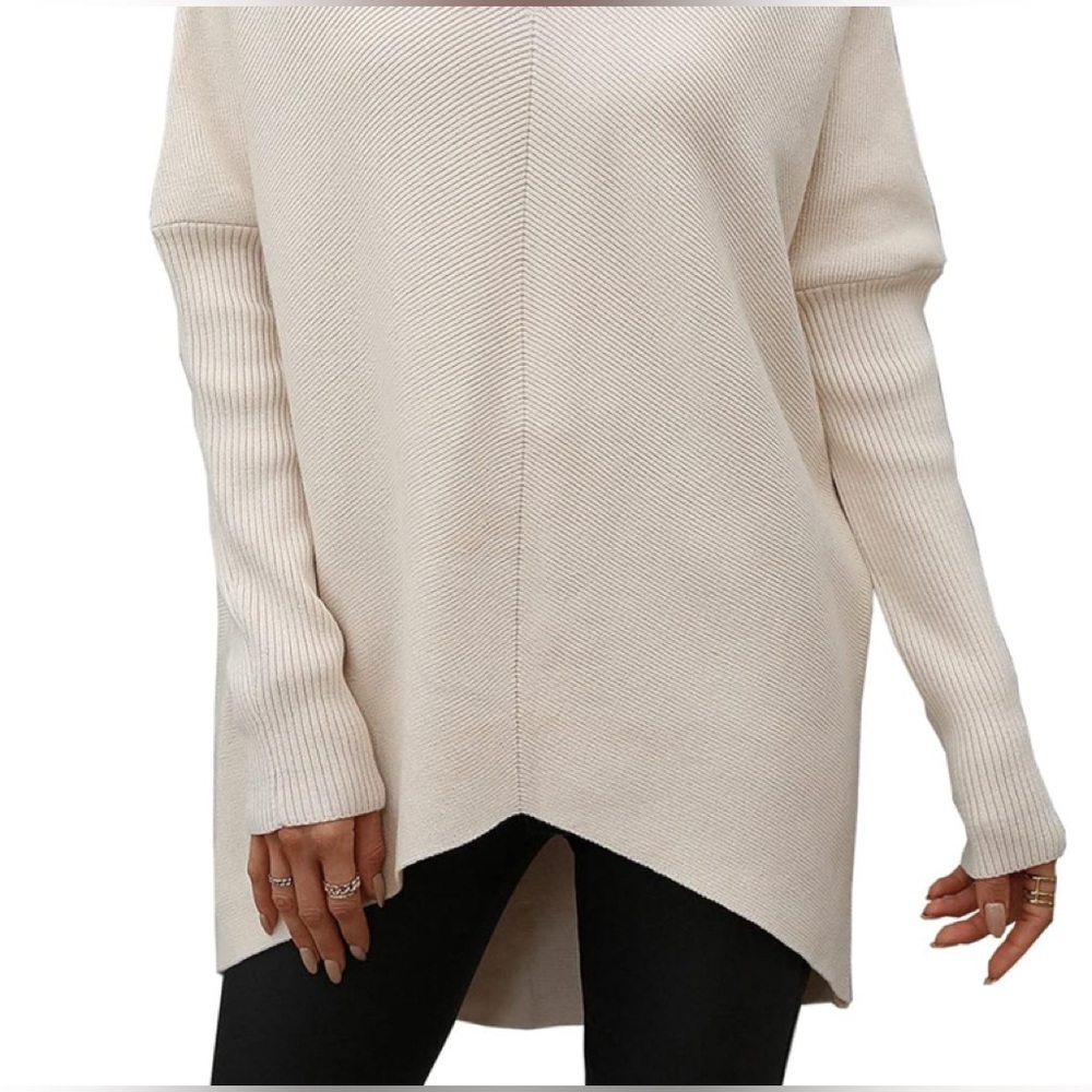 Ivory Knit V-Neck Tunic Sweater Off-shoulder Oversized size XL